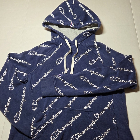 Champion Dark Blue All-Over Logo Men's Hoodie - Picture 7 of 7